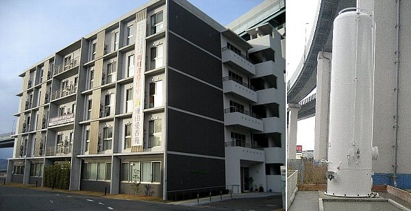 【照片3】开展以氢进行电力储存实证的老年人护理设施“爱香苑”外观(左)和储氢罐